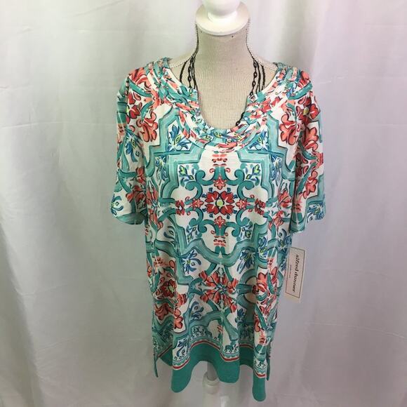 Alfred Dunner Coastal Drive Short Sleeve Blouse Multi Green Small - Picture 1 of 12